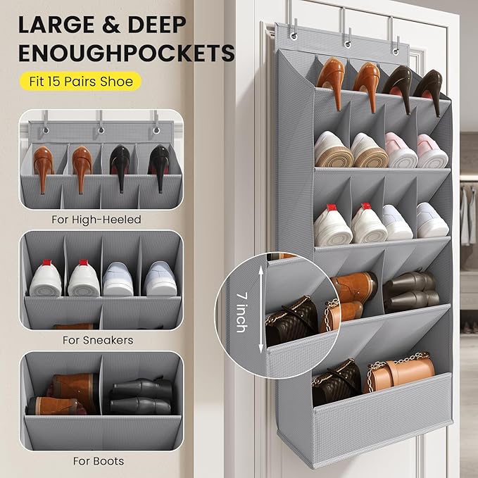 15 Pockets Over the Door Shoe Organizer, Shoe Rack for Closet Door with Large Breathable Pockets, Hanging Shoes Rack for Boots Size, Behind the Door Organizer Shoe Holder for Flexible Storage, Grey ﻿