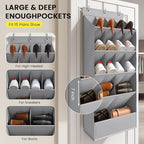 15 Pockets Over the Door Shoe Organizer, Shoe Rack for Closet Door with Large Breathable Pockets, Hanging Shoes Rack for Boots Size, Behind the Door Organizer Shoe Holder for Flexible Storage, Grey ﻿