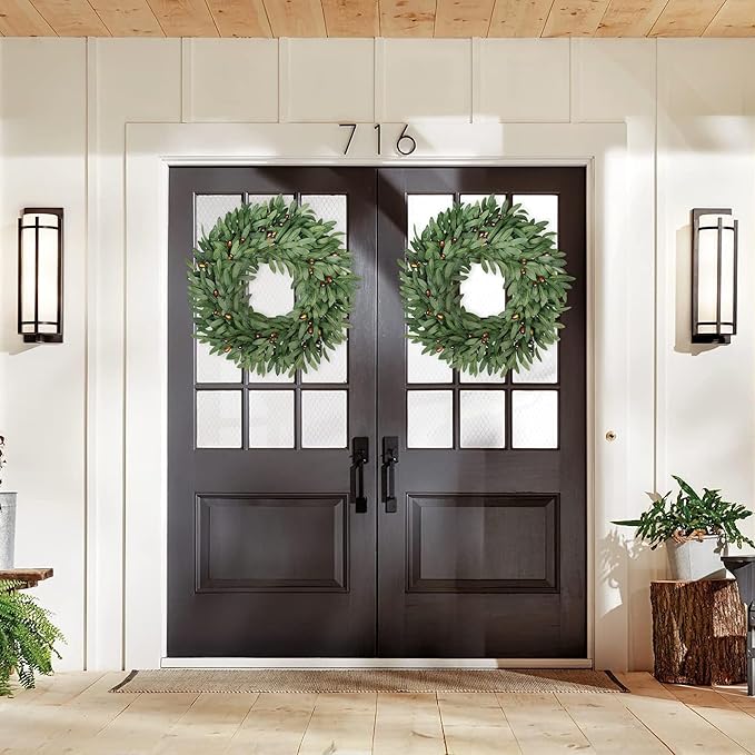 Olive Eucalyptus Wreaths for Front Door 22 Inch, Artificial Waterproof Green Olive Branch Wreath with Berry for Home Outdoor Indoor Farmhouse Window Spring Summer All Seasons