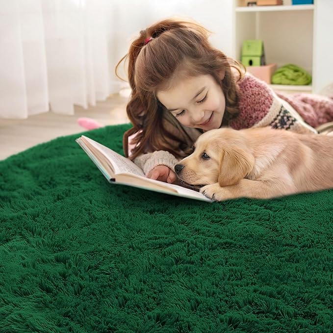 OLANLY Dark Green Round Rugs for Bedroom - Machine Washable, 7 ft Circle Area Rugs for Living Room, Soft and Fluffy Shaggy Carpet for Teen Girls and Boys, Nursery Rooms, Dorms, Home Decor Aesthetic