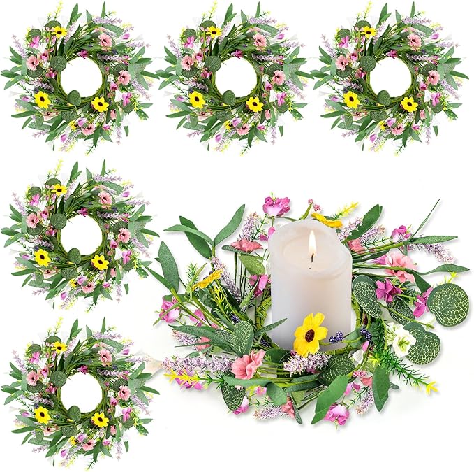 6 Pcs 9" Small Summer Wreath for Kitchen Cabinet Floral Candle Rings Wreaths Wildflower Wreath with Ribbon for Pillars Front Door Porch Wall Window Farmhouse Party Home Indoor Decor