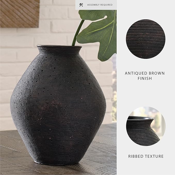 Signature Design by Ashley Hannela 12" Modern Distressed Polyresin Vase, Antique Brown