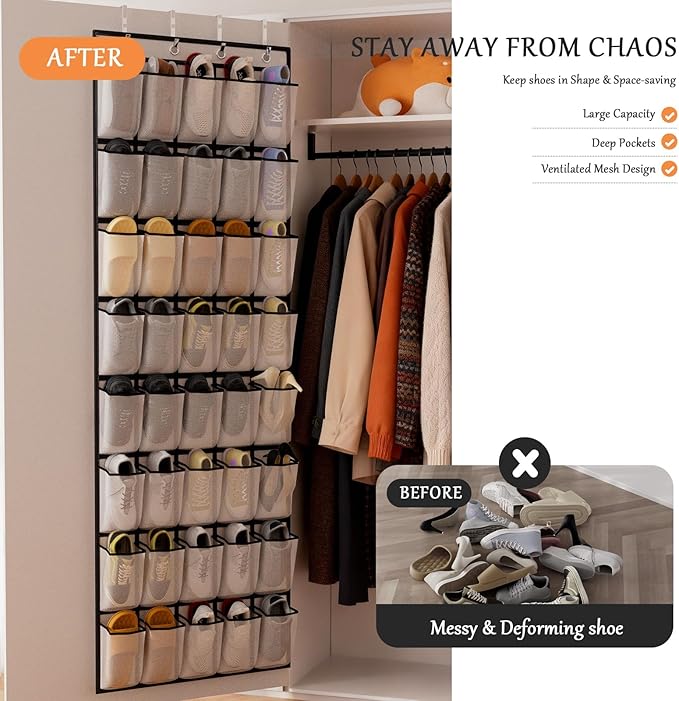 homyfort Over the Door Shoe Organizer, 40 Large Breathable Mesh Pocket,Space Saving Hanging Shoe Rack,Shoe Storage Holder for Entryway Bedroom Closet