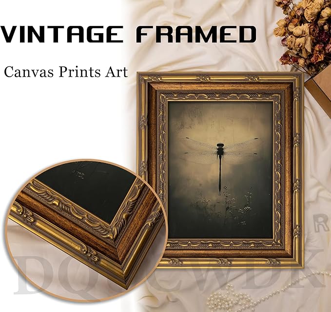 Vintage Gold Framed Wall Art Retro Dark Dragonfly Painting Canvas Prints Gothic Insect Picture Wall Decor Rustic Farmhouse Animal Poster Artwork for Living Room Bedroom Bathroom, 9x11in
