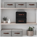 4PCS Closet Drawer Organizer Stackable Fabric Storage Boxes Bins Baskets with Lid PU Leather Handles Foldable Washable Cotton Linen Wardrobe Shelf Cloth Towels Container (Black, Large)