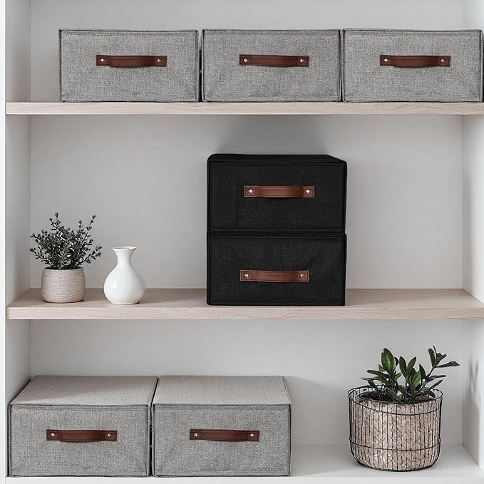 2PCS Closet Drawer Organizer Stackable Fabric Storage Boxes Bins Baskets with Lid PU Leather Handles Foldable Washable Cotton Linen Wardrobe Shelf Cloth Towels Container (Gray, Large)