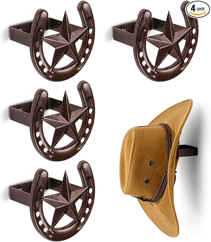 Cowboy Hat Hanger Wall Mount, 4 Pack Cowboy Hat Rack, Metal Horseshoe Hook, Horseshoe Decor, Western Hat Hook for Wall, Hat Holder for Entryway Closet, Bridle Hook for Tack Room, Horse Supplies