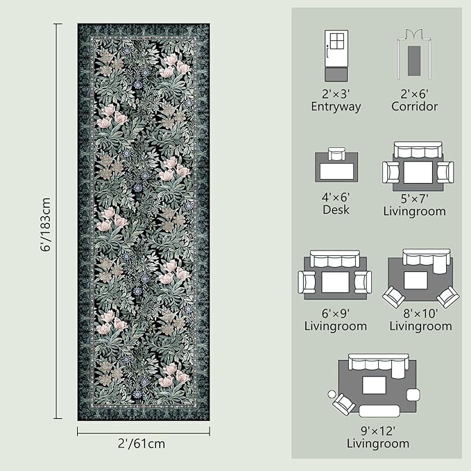 Washable Runners for Hallways Area Rugs 2x6 Black Green Vintage Floral Botanical Pattern Perfect for Soft Hallway Rug Carpet for Kitchen Bedroom Bathroom Laundry Room