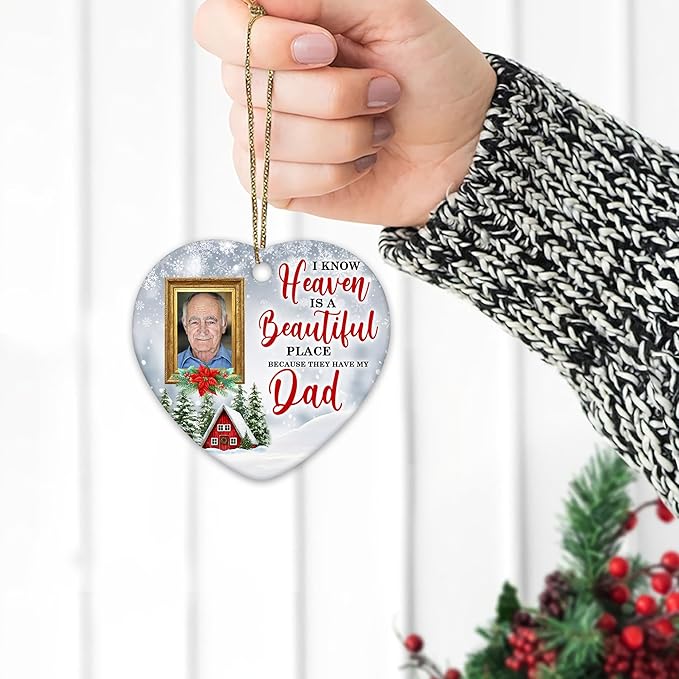 HYTURTLE Personalized Memorial Sympathy Christmas Ornament Tree Decor Gifts for Family Loss of Loved One Mom Dad in Heaven - Heaven Beautiful Custom Photo Acrylic Heart Ornament