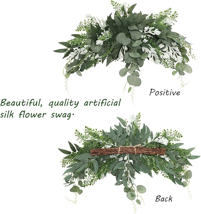 TITA-DONG Artificial Floral Swag, Decorative Swag with Eucalyptus Leaves, Greenery Swag, Spring Front Door Wreath, Handmade Farmhouse Floral Garland for Table Centerpieces Home Decoration(Green)