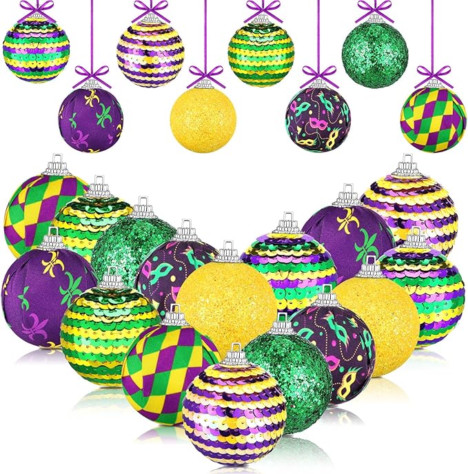 Zeyune 16 Pcs Mardi Gras Ball Ornaments 1.97" Mardi Gras Hanging Sequin Balls Decorations Purple Yellow Green Crown Mask Glitter Hanging Ornaments for Tree Carnival Holiday Party Favors