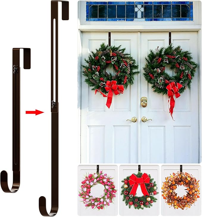 2-Pack Wreath Hooks for Front Door, 12.5-20" Extendable Heavy Duty Metal Over The Door Hooks (22 lbs) for Spring Decor & Coats, Slim Damage-Free Hanger for Tall & Screen Doors, Brushed Nickel