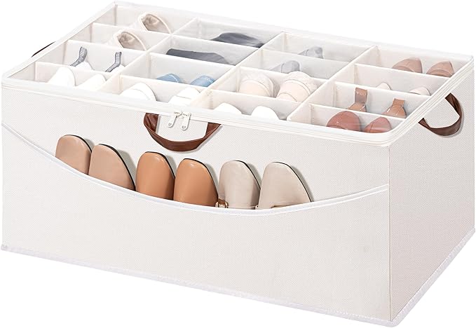 STO STO Shoe Organizer for Closet, Fits Up to 16 Pairs, XL Shoe Box Containers with Adjustable Dividers, Clear Cover Shoe Storage Bins, Stackable Space Saving Shoes Holder for Shoes and Boots, Beige