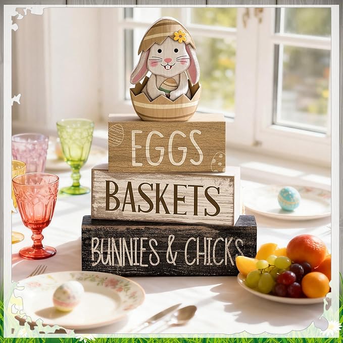 Lineshading 4 Pcs Easter Bunny Table Decoration Wooden Rustic Bunny 3-Tier Wooden Stacked Decor with 3D Hatching Rabbit Farmhouse Decor for Home Kitchen Dining Room, Easter Party Centerpiece Gift
