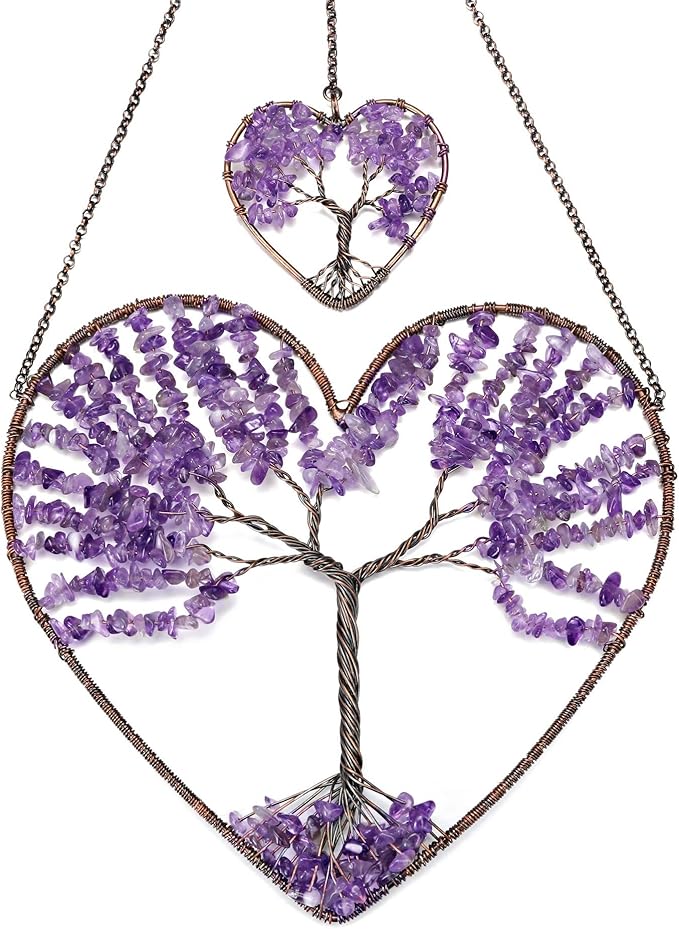 Jovivi Tree of Life Feng Shui Crystal Heart Hanging Ornament Amethyst Gemstones Healing Stones Yoga Meditation Window Wall Hanger for Home Wedding Decor