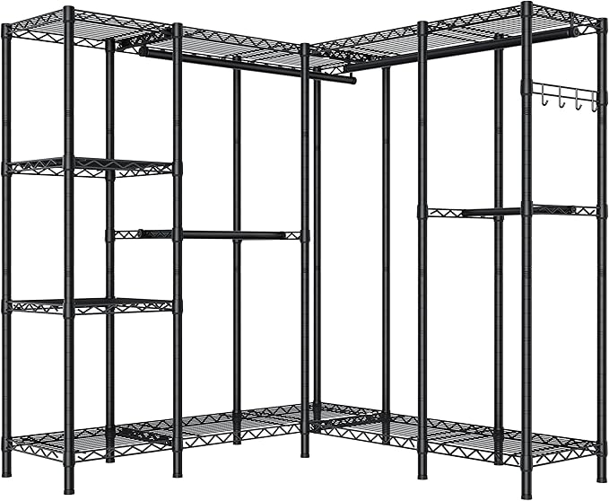 Heavy Duty Garment Rack Clothes Rack,Large Metal Closet Organizer System Storage Wardrobe,Freestanding Clothing Rack with Adjustable Wire Shelves& Hang Rods,MaxLoad 1100lbs