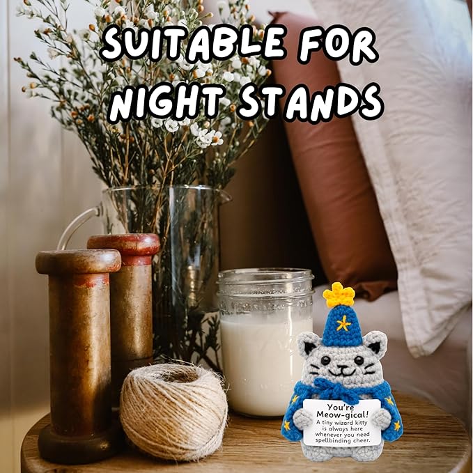 Handcrafted Crochet Witch Doll, Small 2.5x1.5x4 Inch Decorative Plush Figure, Yarn Material, Magical Theme, Inspirational Signs, for Ages 13+ (Cat Wizard)