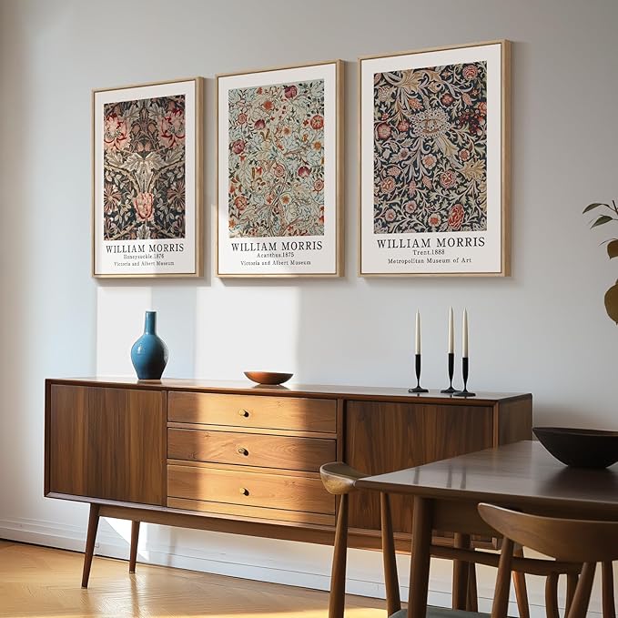 Framed William Morris Canvas Wall Art Set of 3, Vintage Boho Floral Paintings Prints, Rustic Farmhouse Botanical Artwork for Living Room, Bedroom, Hallway or Office, 16x24 Inch
