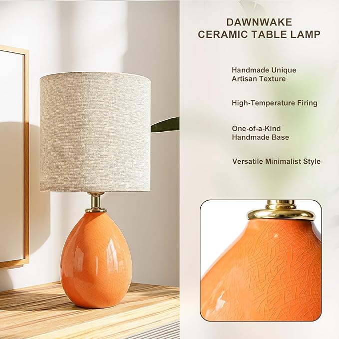 Dawnwake 18.5" Table Lamp Set of 2 for Living Room Bedroom, Bedside Lamps for Night Stands, Desk Nightstand Lamp Dimmable, Modern Linen Cream Ceramic Lamps (Orange)