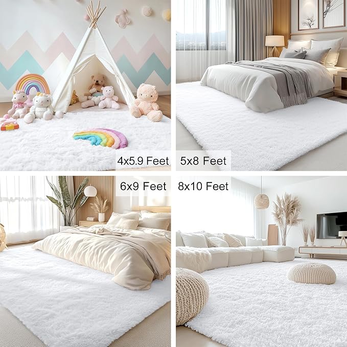 OLANLY 6x9 Machine Washable Large Area Rugs for Living Room, Bedroom, Soft Fluffy Shaggy Bedside Rug, Indoor Floor Carpet for Kids Girls and Boys, Dorms, Nursery, Home Decor Aesthetic, White