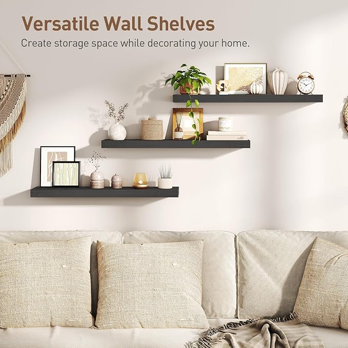 RALGEND Floating Shelves for Wall, 1.5" Thick Wall Shelf Set of 3 with Invisible Brackets, L31.5 x W7.9 Hanging Book Shelves Farmhouse Home Decor for Bathroom, Living Room, Bedroom, Black 8301BJP3BK