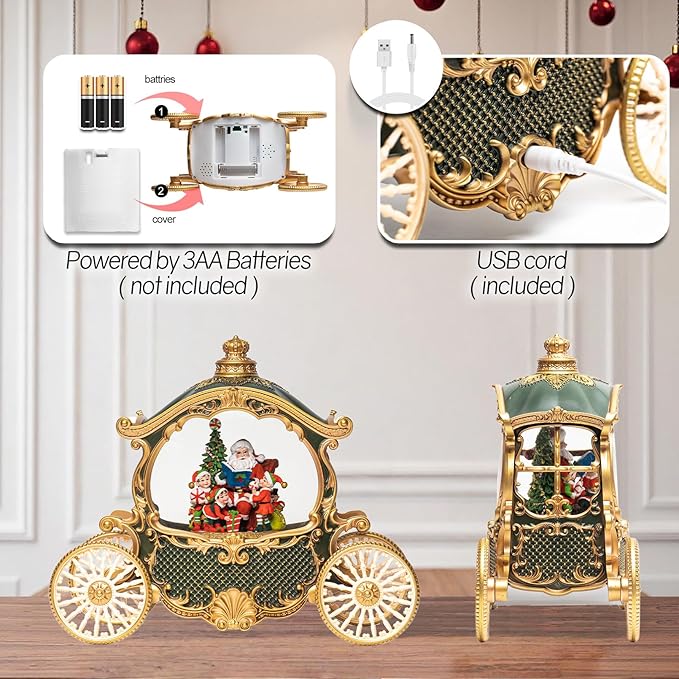 Christmas Green Carriage Snow Globe Lantern with Gift Box - Santa Scene Water Lantern with Glitter Snow - Musical Holiday Decor with LED Light - Battery Or USB Cable Powered Operated(Green with gold)