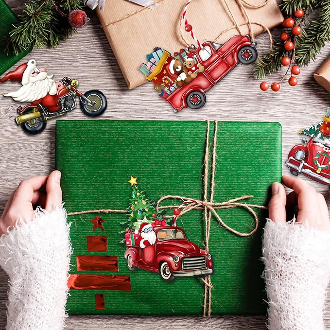 JOPHMO Wooden Christmas Truck Ornaments Red Truck Wooden Hanging Ornaments Wooden Car Crafts with Bead Farmhouse Hanging Decor for Xmas Tree Decoration Holiday Parties Craft Supplies 24 Pieces