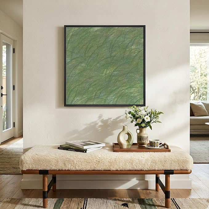 Framed Green Abstract Wall Art, Modern Square Sage Green Canvas Prints Paintings, Minimalist Pictures for Living Room, Bedroom, Dining Room, Hallway Wall Decor 24x24 In