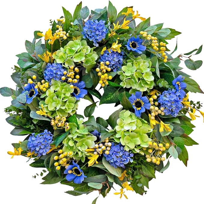 Spring Wreaths for Front Door 24 Inch Summer Wreath with Lifelike Blue Hydrangea Gerbera and Daisy, Wreath Decor for Indoor or Outdoor Spring and Summer Wreaths for Front Door Outside