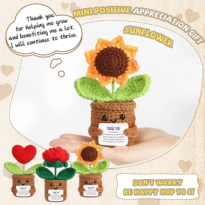 Thank You Gift Positive Crochet Flower Heart Plant Emotional Support Christmas Sunflower Inspirational Handmade Knitted Doll with Appreciation Card Motivational Present for Teacher Thanksgiving Home