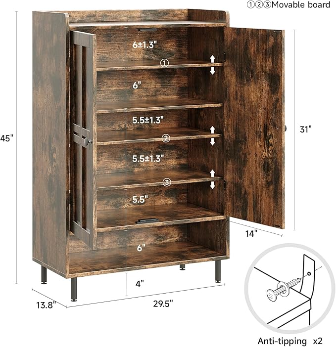 Brown 7+1 Tier Farmhouse Shoe Storage Cabinet - 45" Tall Entryway Organizer with Cross Molding Doors, 3 Adjustable Shelves & Metal Legs, Shoe Rack for Front Door Entrance