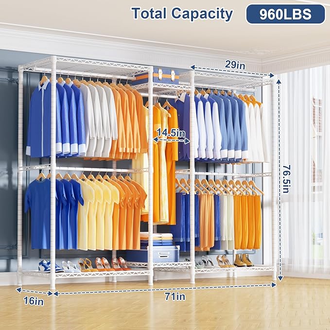 Ulif E12 Pro Clothes Rack，Heavy Duty Freestanding Garment Rack with Shelves，Metal Clothing Closet Storage System for Hanging Clothes，71" W x 16" D x 76.5" H, Hold 960 lbs，White