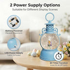 Easter Snow Globe Lantern, 9.4" Bunny Couple Lighted Snow Lantern with 6-Hour Timer, Battery or USB Powered, Spring Easter Decorations for Home, Easter Bunny Gift & Blue Easter Decor