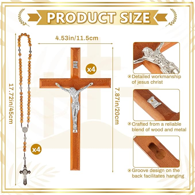 Leinuosen 4 Set Handmade Crucifix Wall Cross and Wooden Rosary Beads Jesus Cross Hanging Wood Rosary for Home Wall Pectoral Pendant Necklace Gifts Decor 7.87 Inch