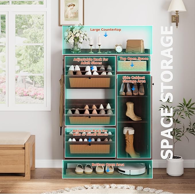GarveeHome Shoe Cabinet Rattan with 3 Flip Drawers and 4-Tier Shoe Storage Cabinet, Freestanding Shoe Organizer with Adjustable Shelves for Entryway, Closet, Hallway