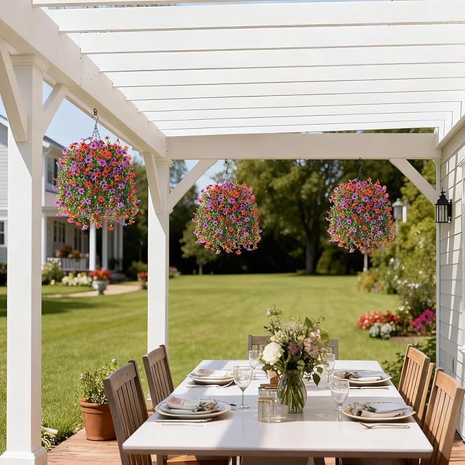 Artificial Hanging Flowers for Outdoors, 2 Pcs Fake Hanging Plant Spring Summer Decoration, UV Resistant No Fade Faux Flower for Porch Patio Yard Window Home Decor(Red Purple)