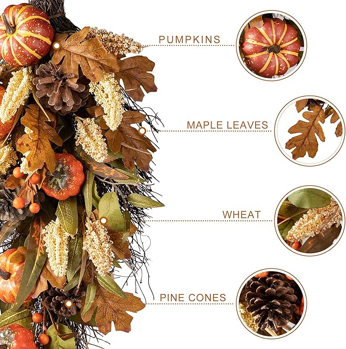 Glitzhome 2 Pcs Fall Teardrop Swags for Front Door, Artificial Wall Decorative Swags with Leaf & Pumpkins & Pine Cones & Berries for Home Porch Wall Window Halloween Thanksgiving Indoor Outdoor Decor