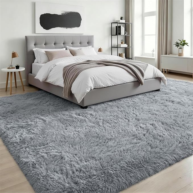 Fluffy Area Rugs 9x12 Living Room Bedroom: Ultra Soft Shag Rug Upgrade Non-Slip Non-Shedding Large Fuzzy Plush Carpet Indoor Floor Carpets for Kids Room Playroom Nursery Dorms Home Decor Light Gray