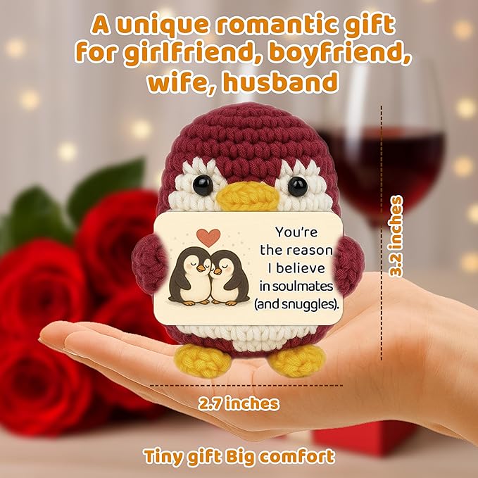Crimmy Valentines Day Gifts for Him Her, Crochet Tiny Penguin Anniversary Birthday Gift for Boyfriend Girlfriend Wife Husband, I Love You Romantic Gifts for Women Men Couple (Love red Penguin)