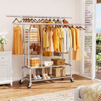 Clothes Rack With Storage Shelf, Heavy Duty Rolling Clothing Rack for Hanging Clothes, Double Rod Metal Garment Rack Load 630 LBS, Portable Wardrobe Racks with Wheels for Bedroom, Laundry Room