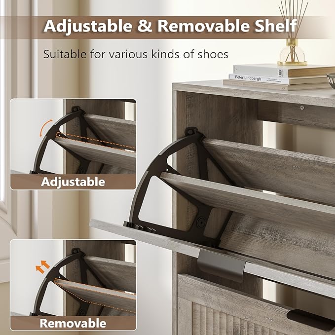 Shoe Cabinet for Entryway with 3 Flip Drawers, Slim Wooden Shoe Storage Organizer with Modern Fluted Pannel，Freestanding Narrow Hidden Shoe Rack for Hallway, Foyer, Living Room