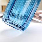 Blue Glass Vase for Flowers Bud Tall Glass Vases,H-12.0" Simple Striped Design for Home Floor Decor,Farmhouse Decor, Centerpiece Coffee Table Decorations (Blue 12.0IN)