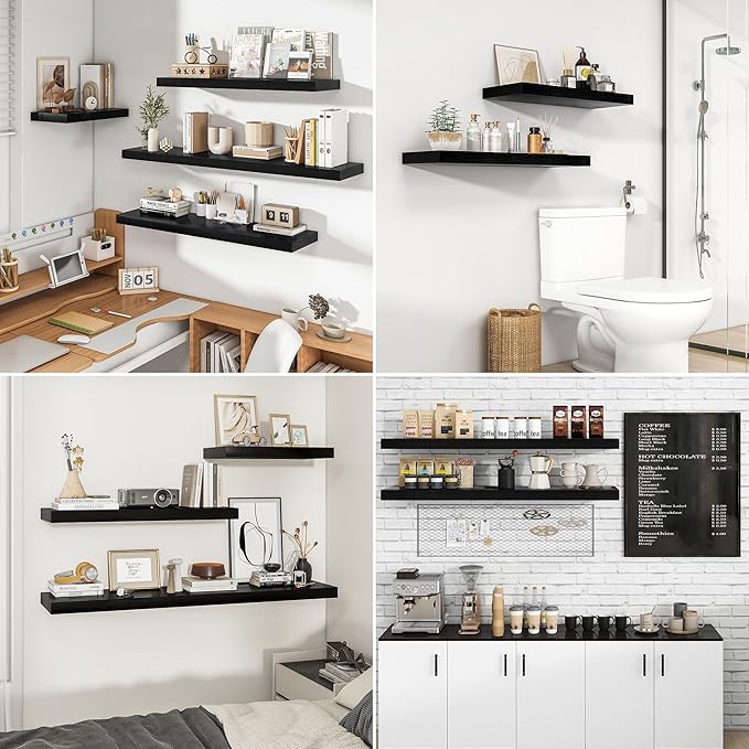 RICHFOCUS 24Inch Floating Shelves for Wall 2 Pack Shelves for Bedroom|Kitchen|Bathroom Wall Mounted Rustic Wood Floating Shelf with Invisible Brackets for Books|Storage|Decor, Black