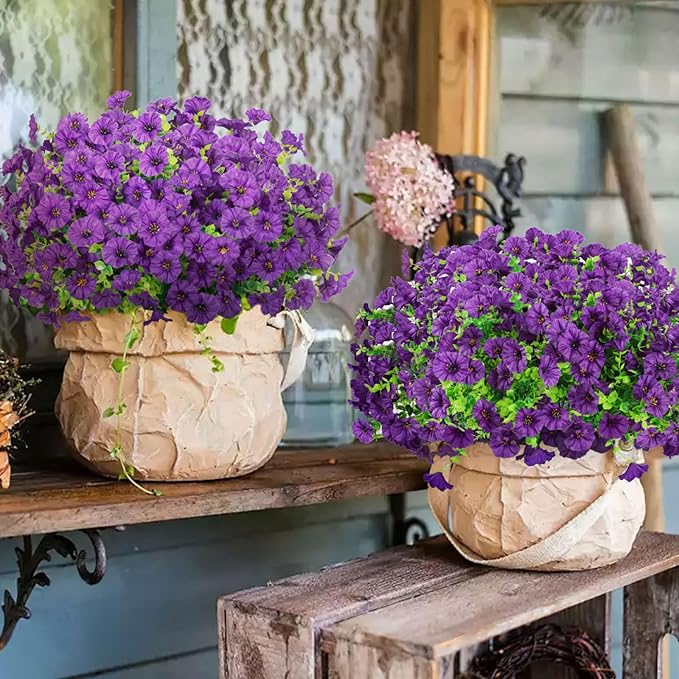12 Bundles Morning Glory Artificial Flowers for Outdoor Decoration UV Resistant Fake Plastic Plants Artificial Greenery for Indoor Outdoor Garden Patio Window Box Home Decor