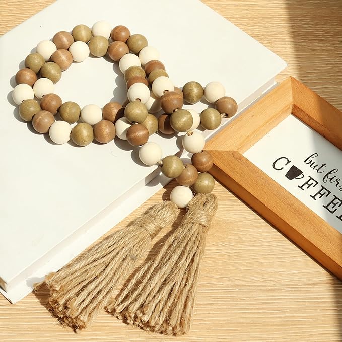 Meplait Wood Bead Garland, 39in Farmhouse Beads with Tassels for Tiered Tray Decor