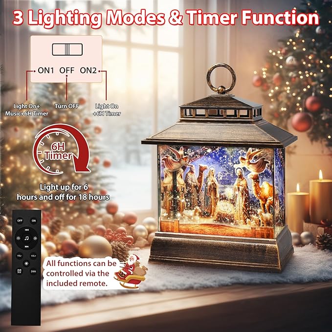 Christmas Snow Globe Lantern Water Glittering Lantern with 8 Songs & 6H Timer Romote Control Christmas Snow Globes USB & Battery Operated for Christmas Festival Decorations Gifts (Nativity)