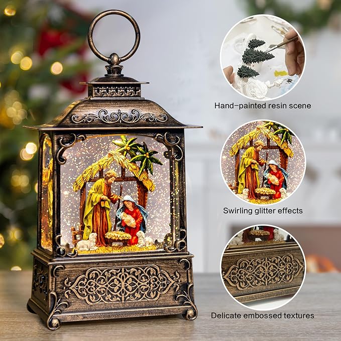 Christmas Snow Globes Lantern with Music, Jesus Christ Nativity Scene Snow Globe with Swirling Glitter Effects, USB/Battery Powered with 6-Hour Timer, Christmas Decorations