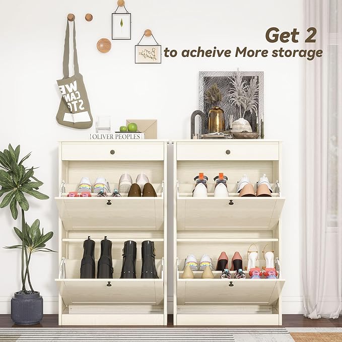 Shoe Cabinet with 2 Flip Drawers, Slim Freestanding Hidden Shoe Organizer with Drawer, Pet-Proof Shoe Storage Cabinet for Entryway Living Room Behind The Door, Light Oak