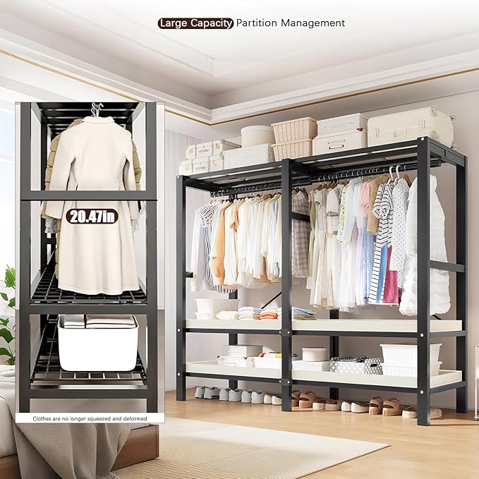 Heavy Duty Portable Closet with Cover Magnetic Doors, Metal Rolling Clothes Rack Heavy Duty 1500LBS, Foldable Clothing Rack, Garment Racks for Bedroom/ LivingRoom/ Rental (KT Woodgrain Black, 49.21in)