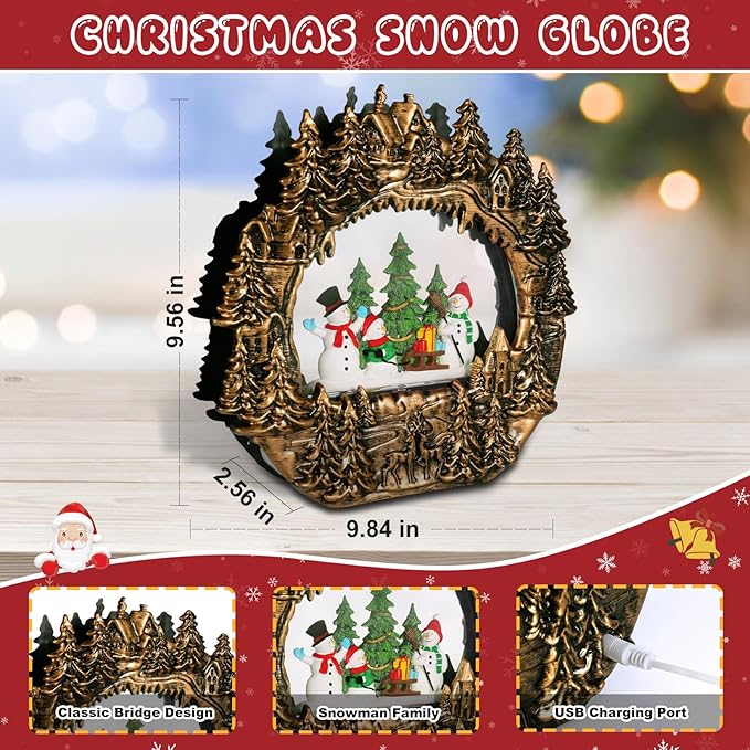 Christmas Snow Globe Lantern Water Glittering Lantern with Snowman 8 Music Songs & 6H Timer Christmas Snow Globes USB & Battery Operated for Christmas Festival Decorations Gifts (Bridge-Snowman)